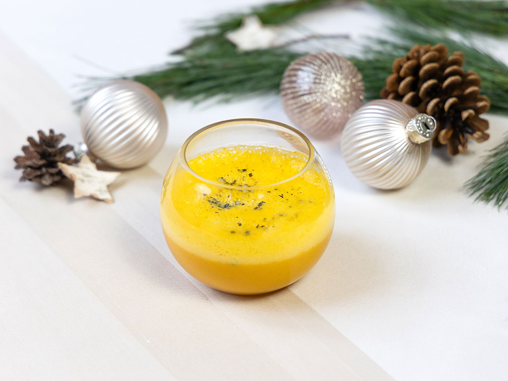 christmas menu pumpkin soup with spiced mango cubes 2026